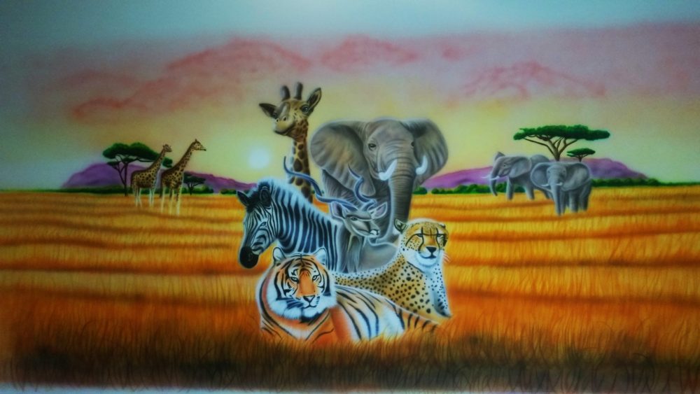 Savannah muurschildering. Olifant, tijger, zebra, cheeta, luipaard, giraffe